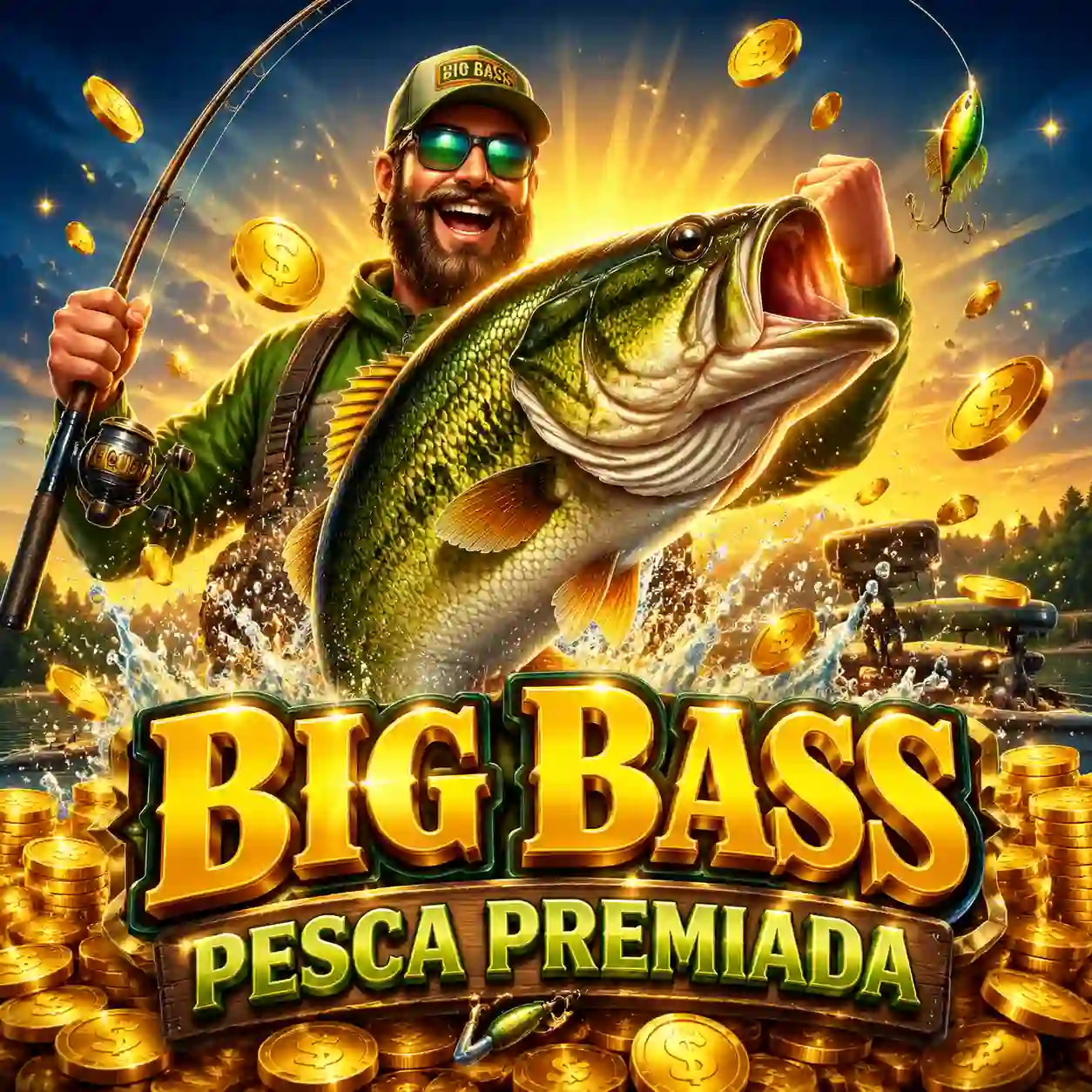 Big Bass Bonanza com pescador e peixes coloridos em temática aquática