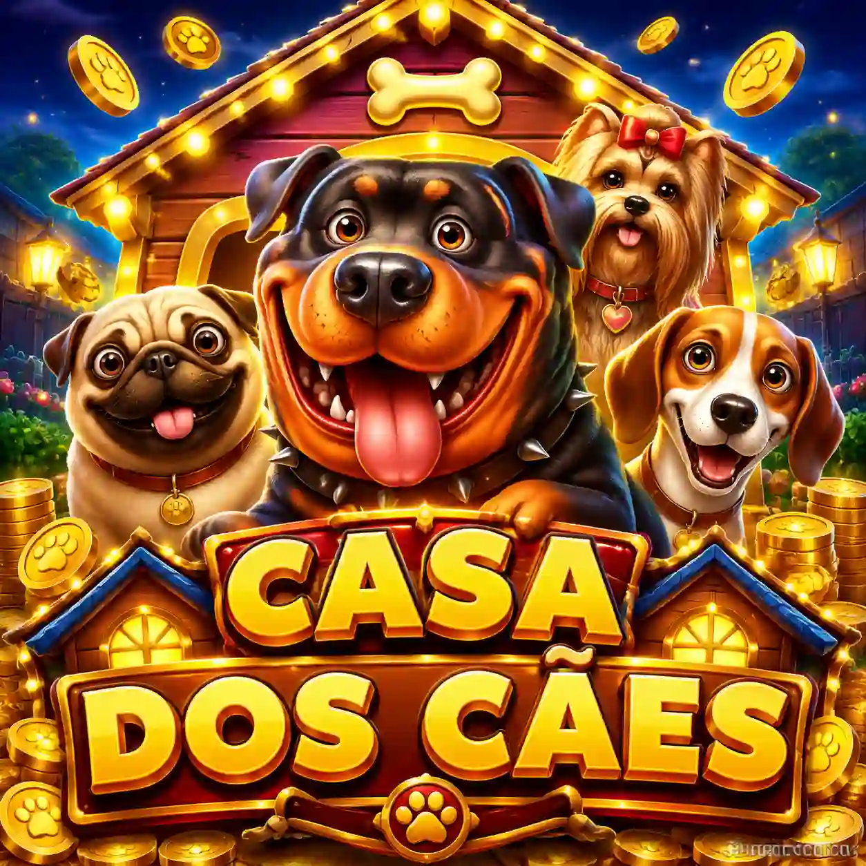 The Dog House com cachorros simpáticos e ossos em temática canina