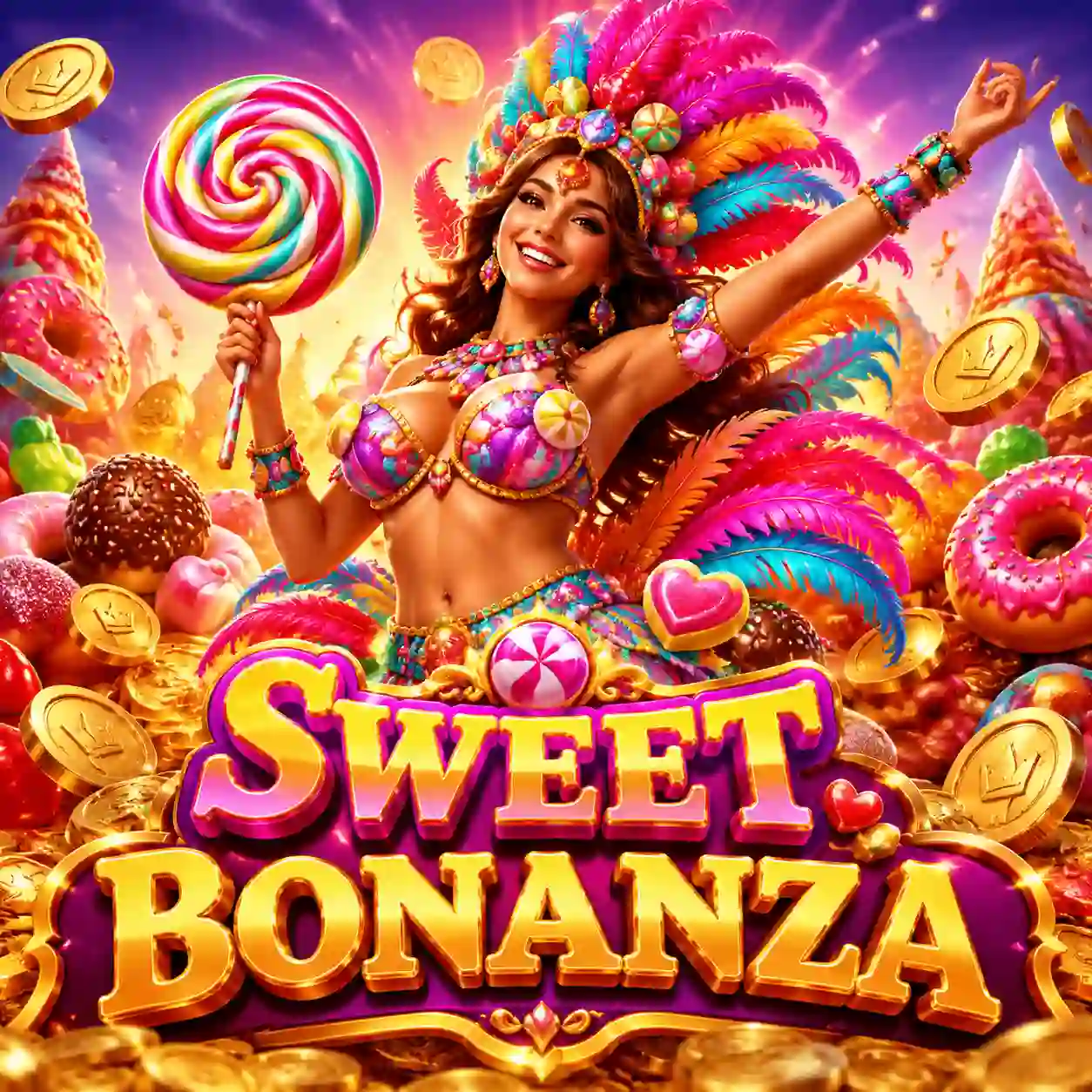 Sweet Bonanza com doces coloridos e balas de frutas nos rolos
